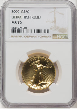 2009 $20 One-Ounce Gold Ultra High Relief Twenty Dollar Brown Label NGC MS70 (769400042)