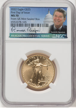 2022 $25 Half-Ounce Gold Eagle FD NGC MS70 Ronald Reagan Signed