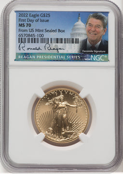 2022 $25 Half-Ounce Gold Eagle FDI NGC MS70 Ronald Reagan Signed