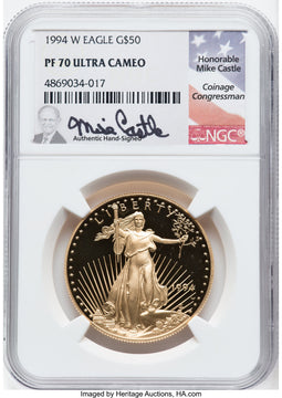 1994-W $50 One-Ounce Gold Eagle NGC PF70 Castle