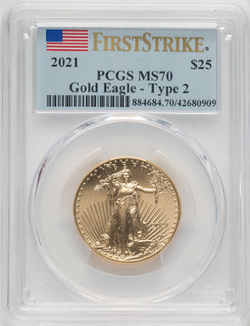 2021 $25 Half-Ounce Gold Eagle Type Two First Strike FS Flag PCGS MS70