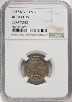 1937-D 5C Three-Legged Buffalo Nickel Details NGC XF40