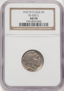 1937-D 5C Three-Legged Buffalo Nickel NGC AU58 (769326019)