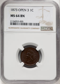 1873 1C Open 3 BN Indian Cent NGC MS64