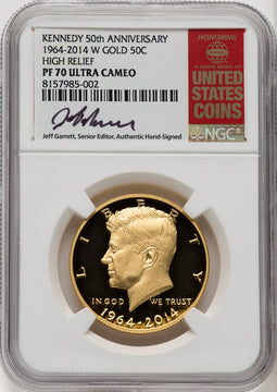 2014-W 50C Kennedy Gold 50th Anniversary Jeff Garrett Red Book Proof Kennedy Half Dollar NGC PR70