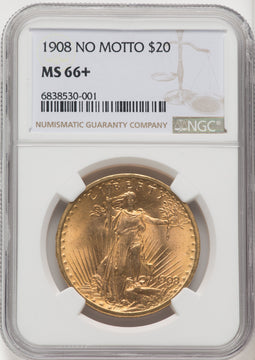1908 $20 NO MOTTO Saint-Gaudens Double Eagle NGC MS66+ (519737002)