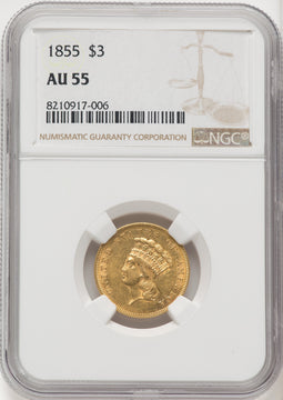 1855 $3 Three Dollar Gold Pieces NGC AU55 (769929014)