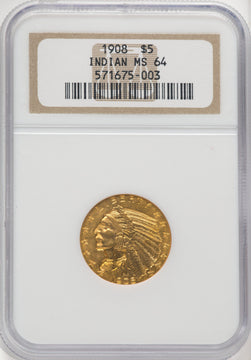1908 $5 Indian Indian Half Eagle NGC MS64 (769904034)