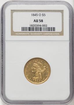 1845-O $5 Liberty Half Eagle NGC AU58