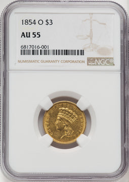 1854-O $3 Brown Label Three Dollar Gold Pieces NGC AU55