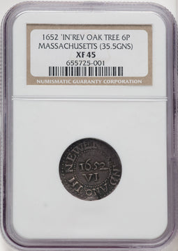 1652 6PENCE Oak Tree IN on Reverse Colonials NGC XF45 (769947001)