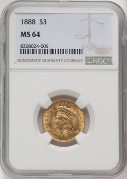 1888 $3 Three Dollar Gold Pieces NGC MS64
