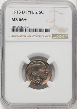 1913-D 5c Type Two Buffalo Nickel NGC MS66+
