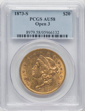 1873-S $20 OPEN 3 Liberty Double Eagle PCGS AU58