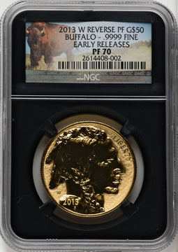 2013-W $50 One-Ounce Gold Buffalo Reverse Proof First Strike ER Bison Label NGC PF70