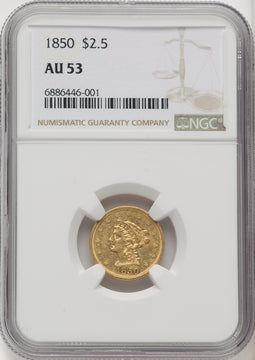 1850 $2.50 Liberty Quarter Eagle NGC AU53