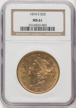1874-S $20 Liberty Double Eagle NGC MS61