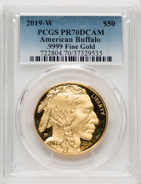 2019-W $50 One-Ounce American Buffalo .9999 Fine Gold Blue Gradient PCGS PR70
