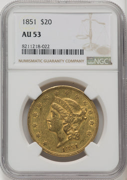1851 $20 Liberty Double Eagle NGC AU53 (572179014)
