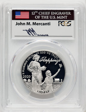 2020-W $100 One Ounce Platinum Eagle Happiness First Day of Issue Mercanti Flag Signature PRDC FDI John Mercanti PCGS PR70