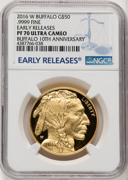 2016-W $50 One-Ounce Gold Buffalo Tenth Anniversary First Strike ER Blue NGC PF70