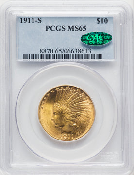 1911-S $10 CAC Indian Eagle PCGS MS65