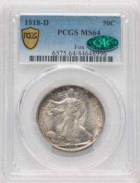 1918-D 50C CAC Walking Liberty Half Dollar PCGS MS64
