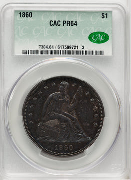 1860 Proof Seated Dollar CACG PR64