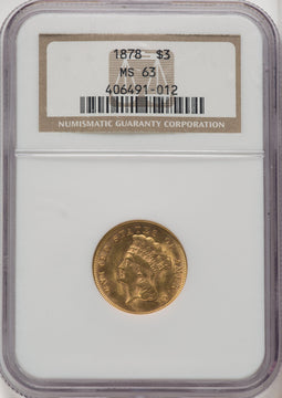 1878 $3 Three Dollar Gold Pieces NGC MS63 (771262002)