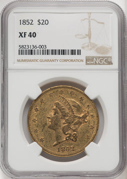 1852 $20 Brown Label Liberty Double Eagle NGC XF40