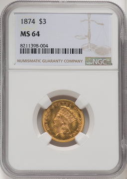 1874 $3 Three Dollar Gold Pieces NGC MS64 (771004005)