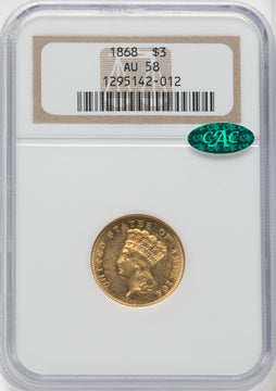 1868 $3 CAC Three Dollar Gold Pieces NGC AU58
