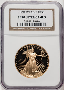 1994-W $50 One-Ounce Gold Eagle Brown Label NGC PF70