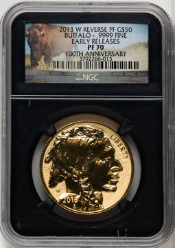 2013-W $50 One-Ounce Gold Buffalo Reverse Proof First Strike ER Bison Blk Core Label NGC PF70