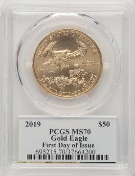 2019 $50 One Ounce Gold Eagle First Day of Issue St. Gaudens Signature PCGS MS70