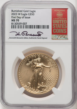 2023-W 1 oz Burnished Gold Eagle FDI NGC MS70 Kenneth Bressett