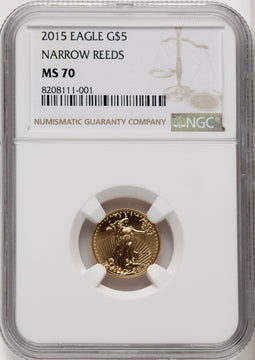 2015 $5 Tenth-Ounce Gold Eagle Narrow Reeds Brown Label NGC MS70