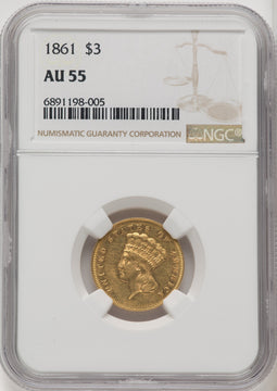 1861 $3 Three Dollar Gold Pieces NGC AU55