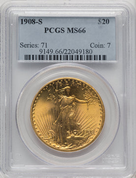 1908-S $20 Saint-Gaudens Double Eagle PCGS MS66 (772091001)