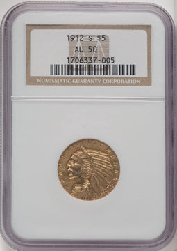 1912-S $5 Indian Half Eagle NGC AU50