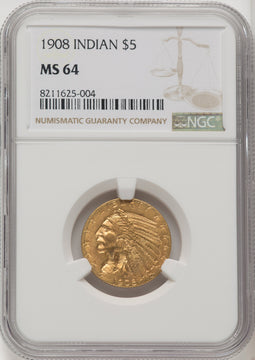 1908 $5 Indian Indian Half Eagle NGC MS64 (771393005)