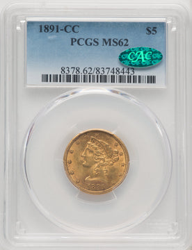 1891-CC $5 CAC Liberty Half Eagle PCGS MS62