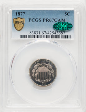1877 5C CA CAC Proof Shield Nickel PCGS PR67