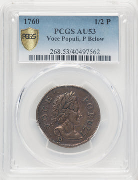 1760 Voce Populi Halfpenny P Below Bust BN Colonials PCGS AU53