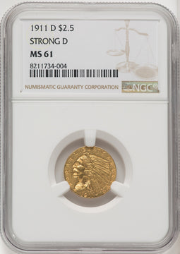 1911-D $2.50 Indian Quarter Eagle NGC MS61 (771941006)