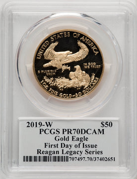 2019-W $50 One-Ounce Gold Eagle First Day of Issue Michael Reagan Reagan Legacy Series PCGS PR70