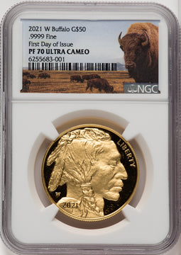 2021-W G$50 Gold BuffaloFirst Day of Issue DCAM FDI Bison Label NGC PF70