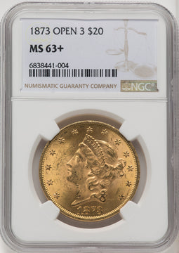 1873 $20 OPEN 3 Liberty Double Eagle NGC MS63+