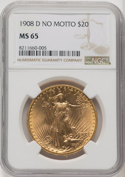 1908-D $20 NO MOTTO Saint-Gaudens Double Eagle NGC MS65 (771365028)