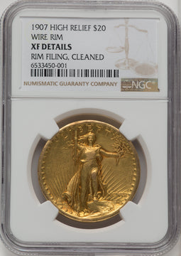 1907 $20 Wire Rim High Relief Double Eagle Details NGC XF40